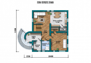 Проект дома с круглым эркером в кабинете, четырьмя спальнями и кладовой на кухне / План 1 этажа