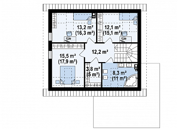 Проект одноэтажного мансардного дома из кирпича с кабинетом, изолированной кухней и гаражом / План мансардного этажа
