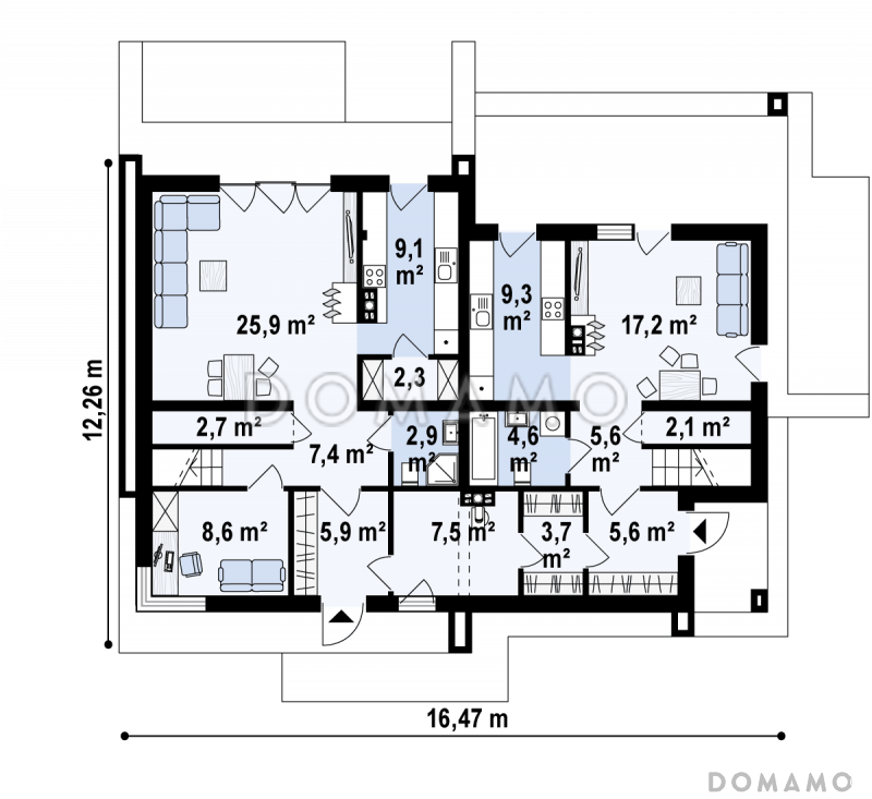 Проект комфортного одноэтажного мансардного дома из газобетона для двух семей / План 1 этажа