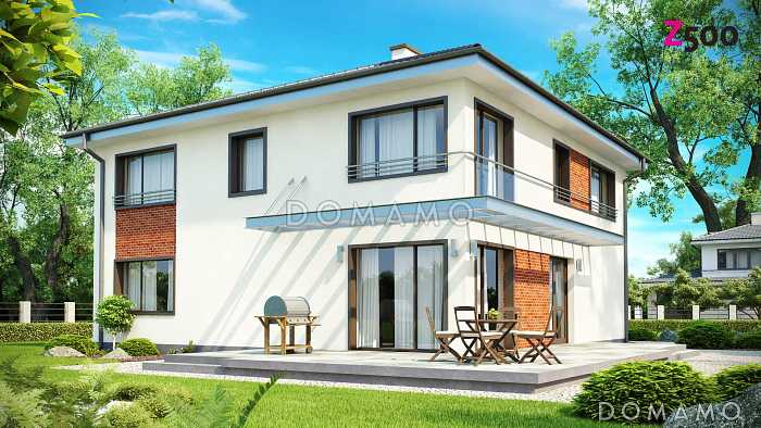 Проект просторного современного двухэтажного дома из кирпича, с пятью комнатами, гаражом и застеклённой террасой над ним