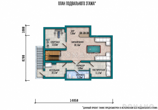 Проект одноэтажного дома с мансардой, большой террасой и подвалом / План цокольного этажа