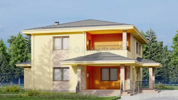 Проект двухэтажного дома с погребом, сауной, террасой и балконом