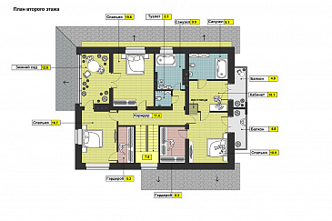 Проект дома с просторной гостиной и кухней столовой, террасой с барбекю, зимним садом, двумя балконами,  / План мансардного этажа