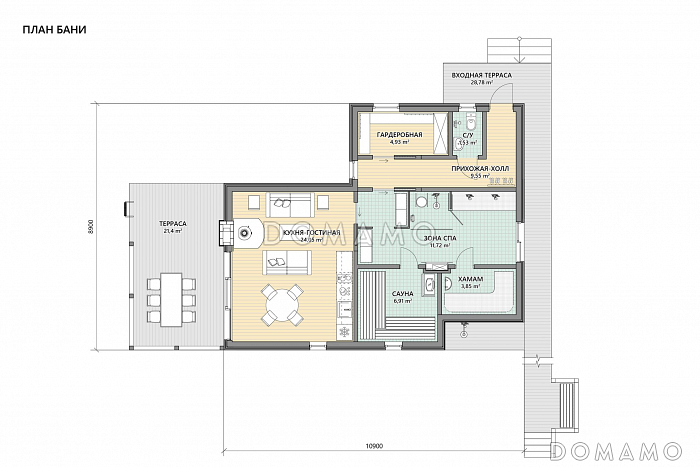 Проект банного комплекса со спа-зоной и двумя террасами / План 1 этажа
