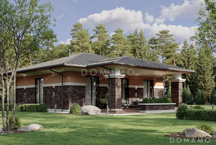 Проект дома с тремя спальнями, окнами в пол и крытой террасой