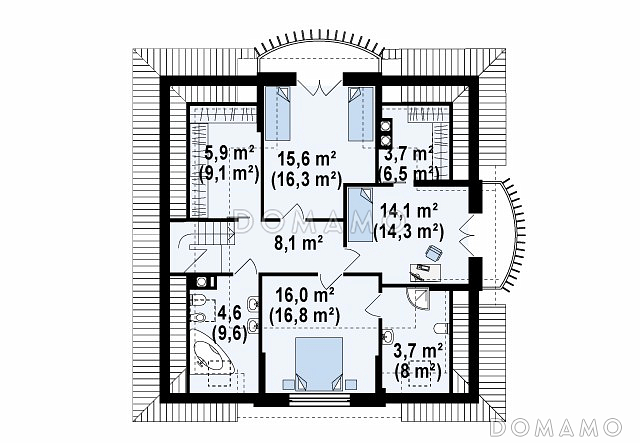 Проект одноэтажного мансардного дома из газобетона с кирпичной облицовкой с двумя балконами и барбекю на террасе  / План мансардного этажа