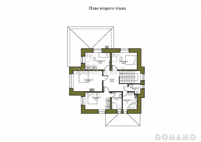 Проект двухэтажного дома из кирпича с двумя каминами на большой террасе и в гостиной / План 2 этажа