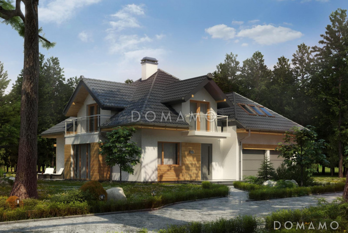 Проект дома с гаражом на две машины, спальней на первом этаже,  балконами и террасой