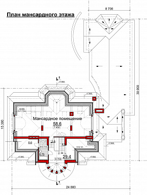 Проект коттеджа с двусветной гостиной, бильярдной и бассейном / План мансардного этажа