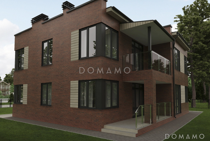 Проект двухэтажного кирпичного дома с двумя балконами на втором этаже