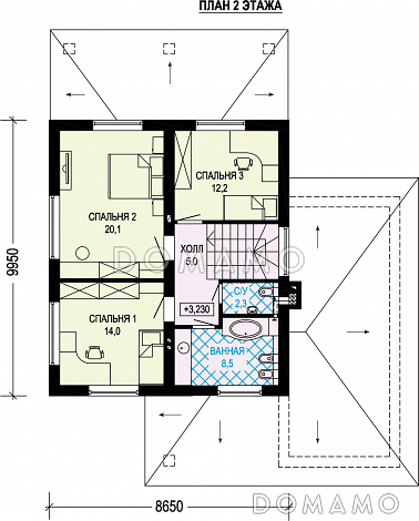 Проект двухэтажного дома с гаражом, террасой и тремя спальнями на втором этаже / План 2 этажа