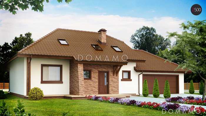 Проект одноэтажного мансардного дома из газобетона с кабинетом, тремя спальнями и гаражом