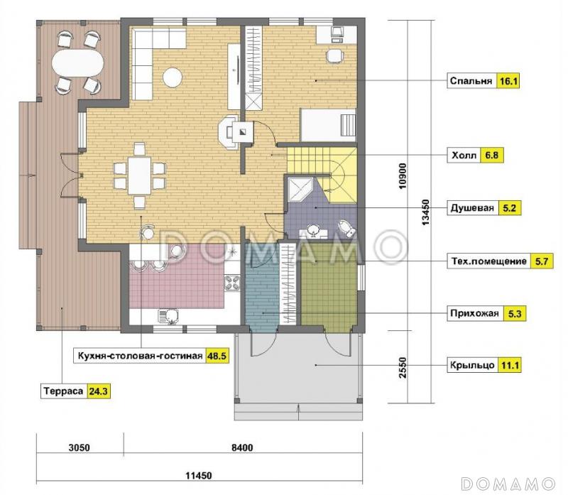 Проект каркасного дома с мансардой / План 1 этажа