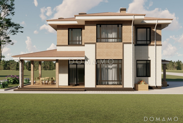 Проект двухэтажного дома из кирпича с двумя каминами на большой террасе и в гостиной