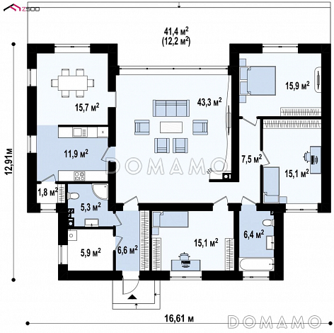Проект современного одноэтажного дома из газобетона с тремя спальнями и светлой просторной гостиной / План 1 этажа