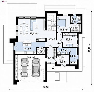 Проект современного двухэтажного дома из кирпича с плоской крышей, со вторым светом, террасами на двух уровнях и гаражом / План 1 этажа