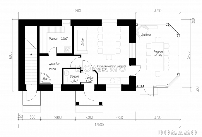 Проект бани с верандой и гостевой комнатой / План 1 этажа