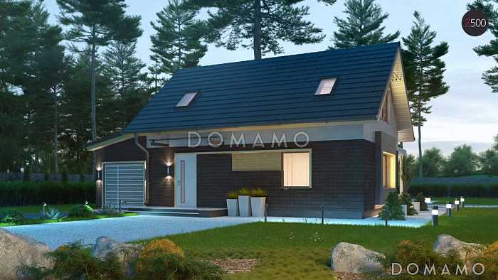 Проект компактного одноэтажного дома из газобетона с ночной зоной на мансардном этаже и с гаражом 