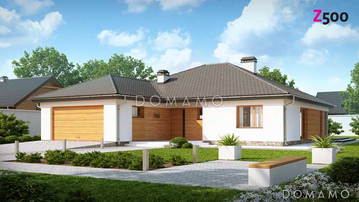 Проект одноэтажного дома из газобетона с просторной гостиной и гаражом на два автомобиля