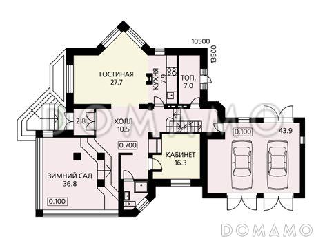 Проект дома гостиная с гаражом на два автомобиля, необычным двугранным эркером и зимним садом / План 1 этажа