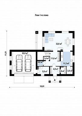 Проект современного двухэтажного дома из газобетона балконом, лоджией и открытой террасой над двухместным гаражом / План 1 этажа