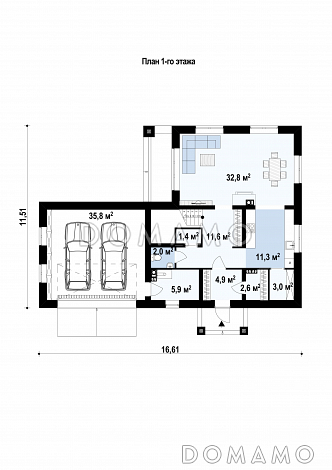 Проект современного двухэтажного дома из газобетона балконом, лоджией и открытой террасой над двухместным гаражом / План 1 этажа