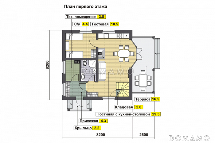 Проект дома с гостевой на первом этаже, гостиной с кухней-столовой, крытой террасой, кладовой в эркере мансардного этажа / План 1 этажа