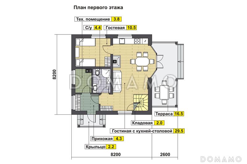 Проект дома с гостевой на первом этаже, гостиной с кухней-столовой, крытой террасой, кладовой в эркере мансардного этажа / План 1 этажа