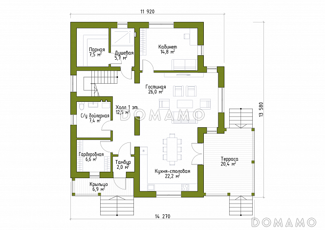 Проект просторного коттеджа в стиле шале / План 1 этажа