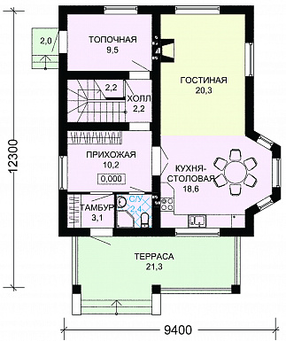 Проект дома с мансардой, крытой террасой и тремя спальными комнатами / План 1 этажа