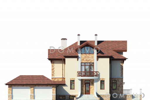 Проект дома с бассейном и просторной комнатой отдыха в цокольном этаже, сауной, гаражом на два автомобиля, открытой террасой, столовой с эркером / Фасад 3