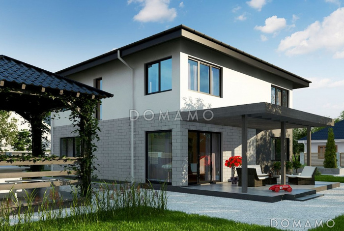 Проект современного двухэтажного дома из газобетона с четырьмя комнатами, гаражом и балконом