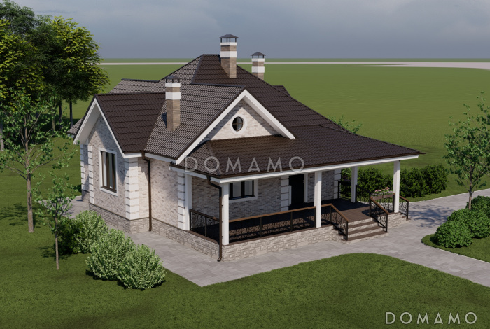 Проект одноэтажного кирпичного дома с двумя спальнями и просторной террасой