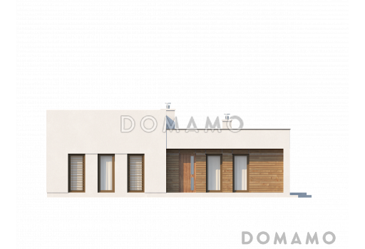 Проект современного одноэтажного дома с плоской крышей из газобетона с тремя спальнями и панорамным остеклением гостиной  / Фасад 1
