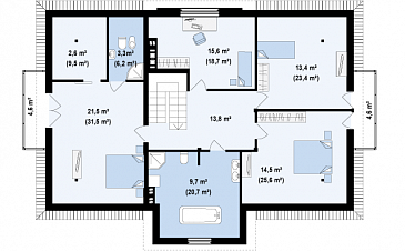 Проект комфортного одноэтажного мансардного дома из газобетона для двух семей в стиле русской усадьбы / План мансардного этажа