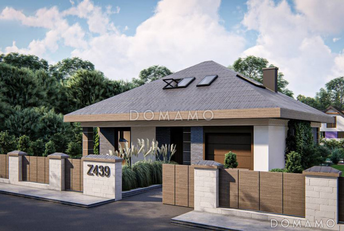 Проект загородного дома с мансардой, гаражом на одну машину, кладовой под лестницей и в кухне