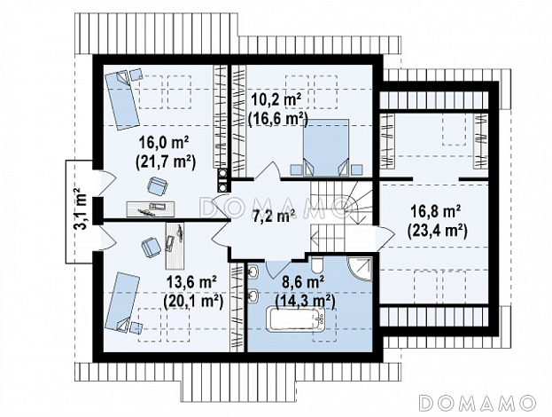 Проект одноэтажного мансардного дома из газобетона с кабинетом, гаражом и комнатой над ним / План мансардного этажа