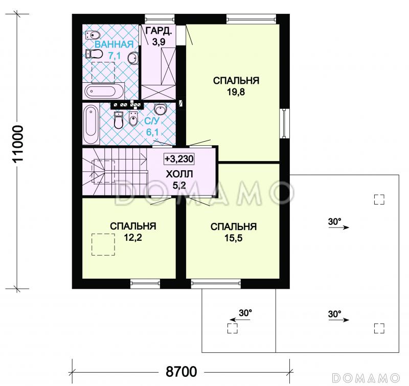 Проект загородного дома из СИП панелей с мансардой и навесом для машины / План мансардного этажа
