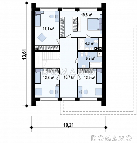 Проект загородного дома с панорамным остеклением, кабинетом, просторной гостиной, гаражом на 2 машины / План мансардного этажа