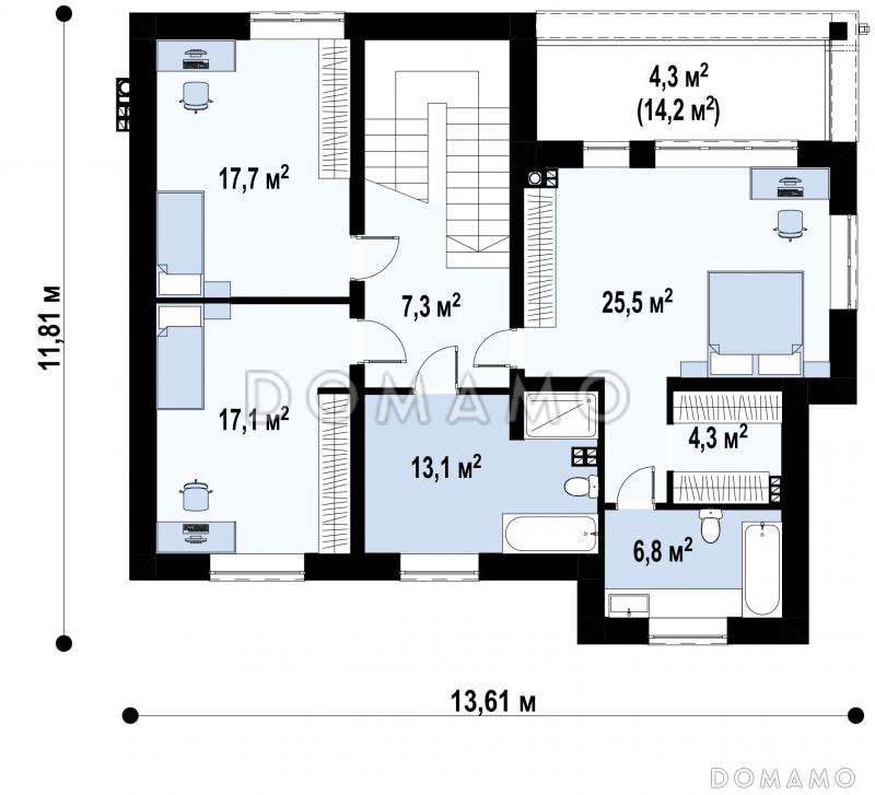 Проект загородного дома с подвалом, гаражом, двумя спальнями на первом этаже, мастер-спальней на втором этаже / План 2 этажа