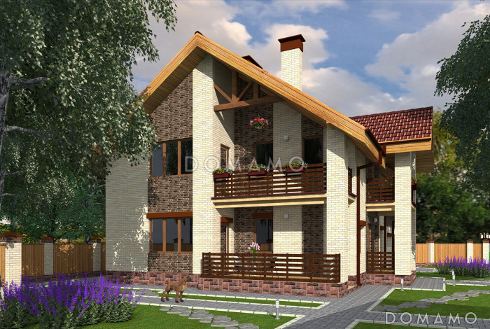 Проект дома с гаражом на две машины, просторной кухней-гостиной с выходом на террасу, гостевой спальней на первом этаже, балконами