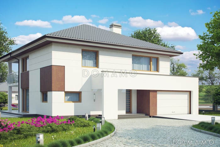 Проект просторного двухэтажного дома из кирпича со встроенным гаражом и двумя террасами на обоих уровнях