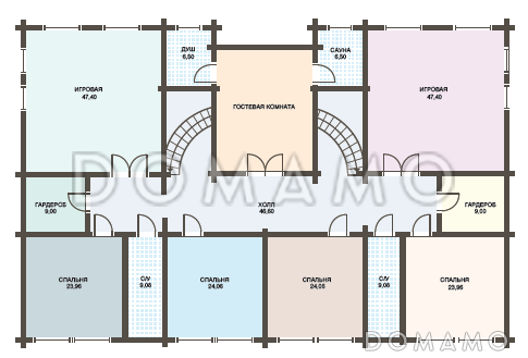 Проект двухэтажного дома из клееного бруса с колоннами и большой верандой / План 2 этажа