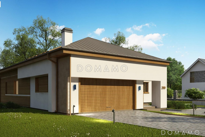 Проект одноэтажного мансардного дома из газобетона со стеклянным эркером и гаражом на два автомобиля