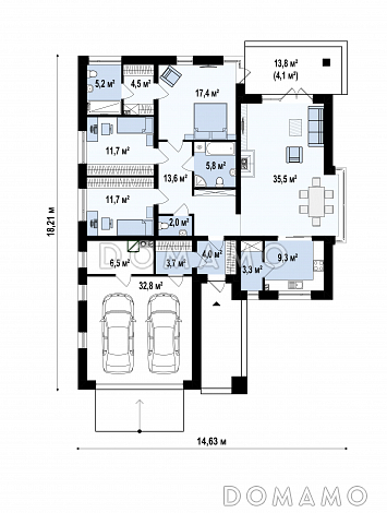 Проект дома с гаражом на 2 машины, кухней с кладовой, мастер-спальней, террасой / План 1 этажа