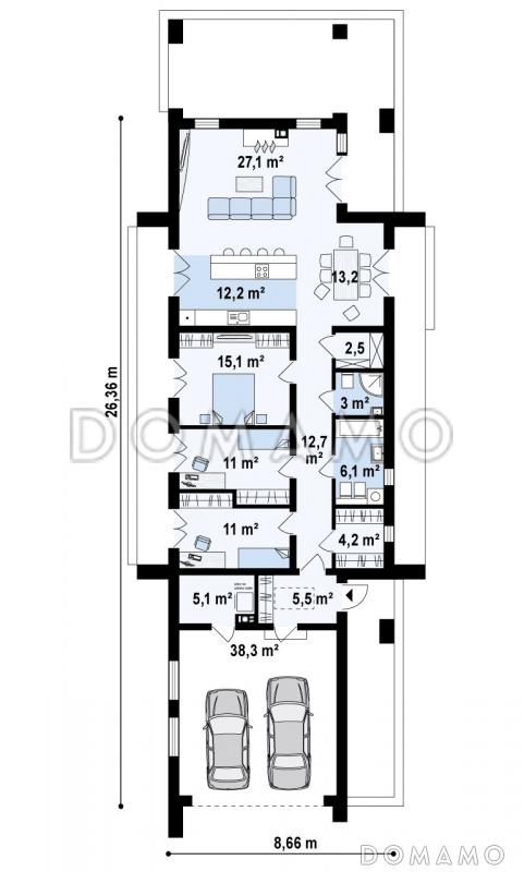 Проект современного одноэтажного дома из газобетона с тремя спальнями и пристроенным гаражом на два автомобиля / План 1 этажа