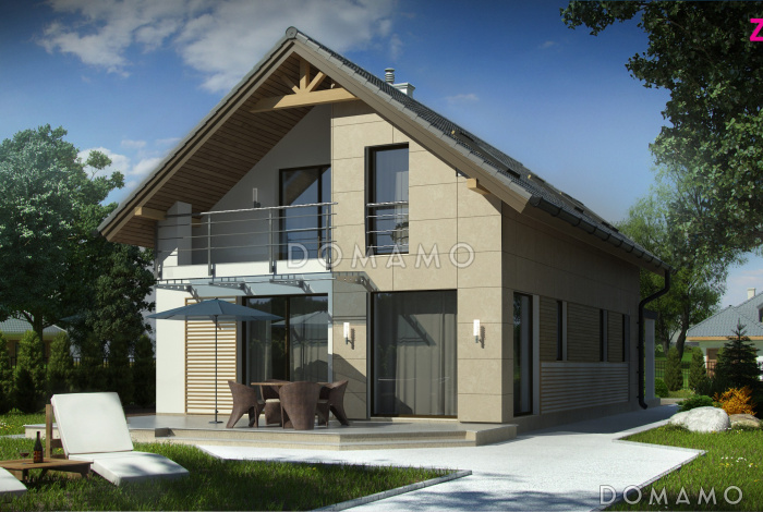 Проект одноэтажного мансардного дома из газобетона с тремя спальнями и террасой над гаражом