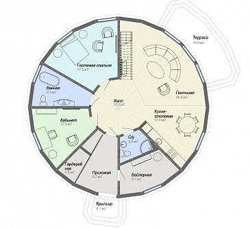 Проект сферического дома с большой гостиной с панорамным остеклением / План 1 этажа