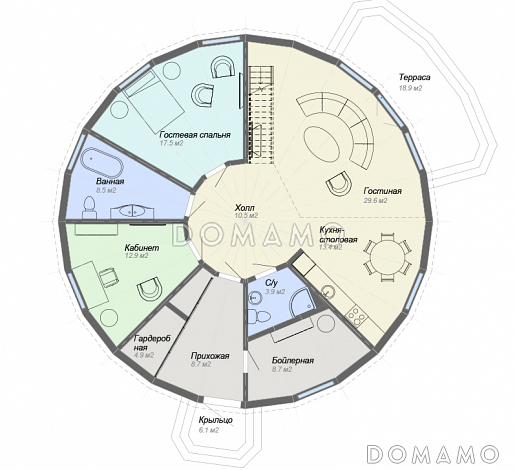 Проект сферического дома с большой гостиной с панорамным остеклением / План 1 этажа