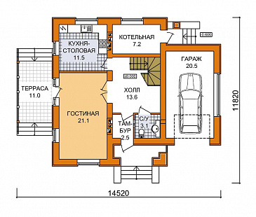 Проект дома из СИП панелей с мансардой, гаражом и тремя спальнями / План 1 этажа